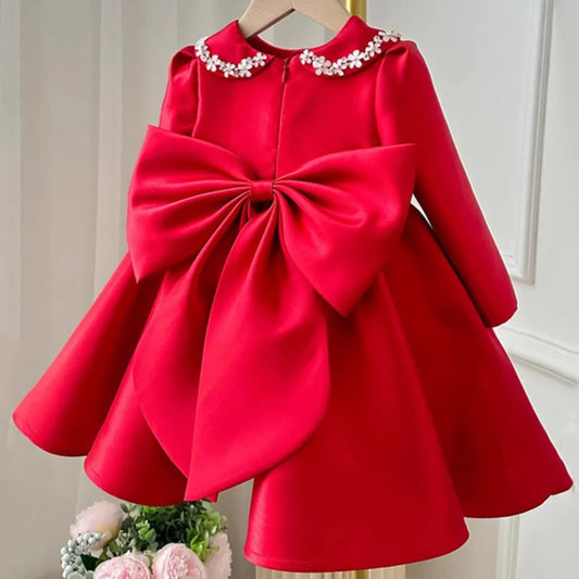 Red Long sleeved Girl's Satin Princess Dress Children's Birthday Dress kids dress wedding