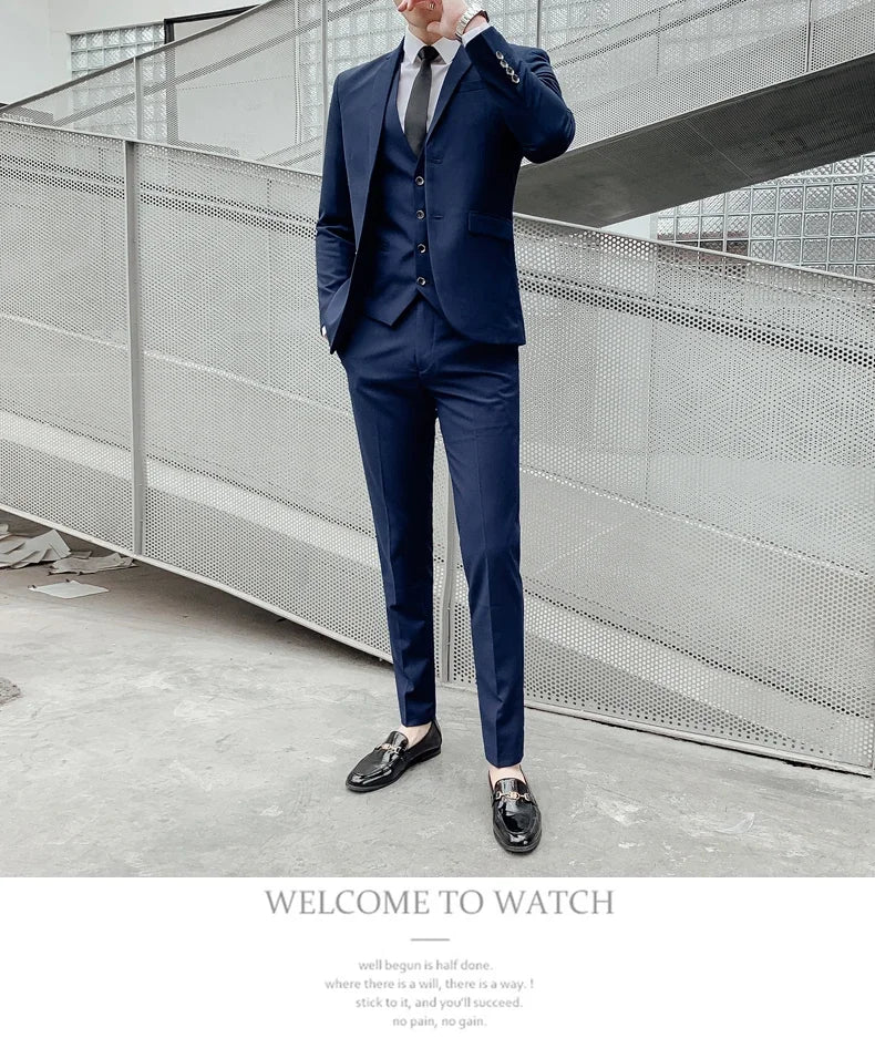 Suit (Blazer+ Vest + Pants) Men's Business Gentleman Fashion Slim Work Solid Color Plus Size Fair Dress Wedding Best Man Suit