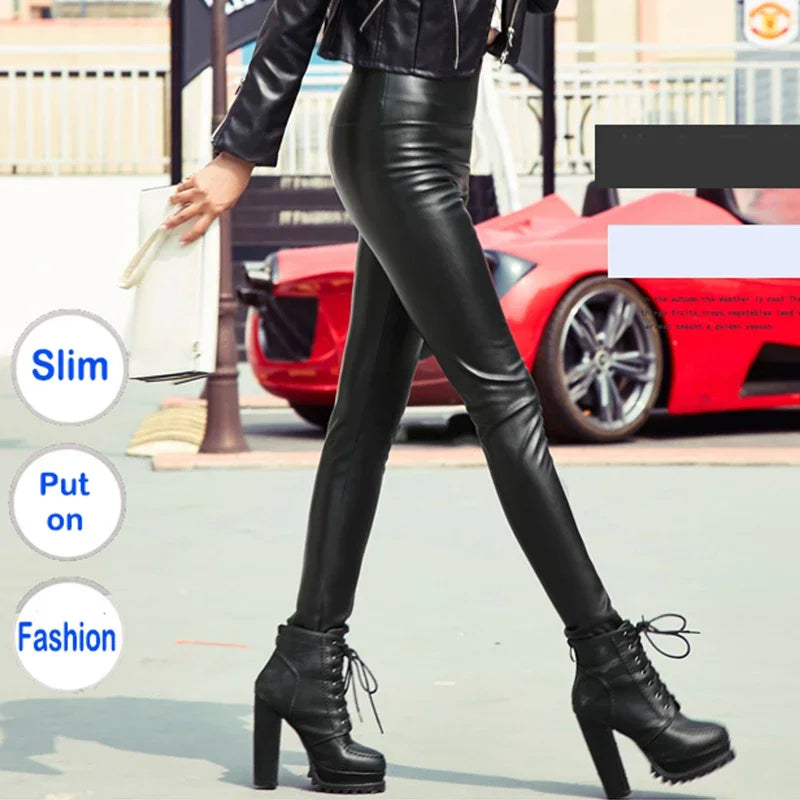 Women’s Y2K Faux Leather Pencil Pants – Elastic Stretch Velvet-Lined Trousers for Autumn