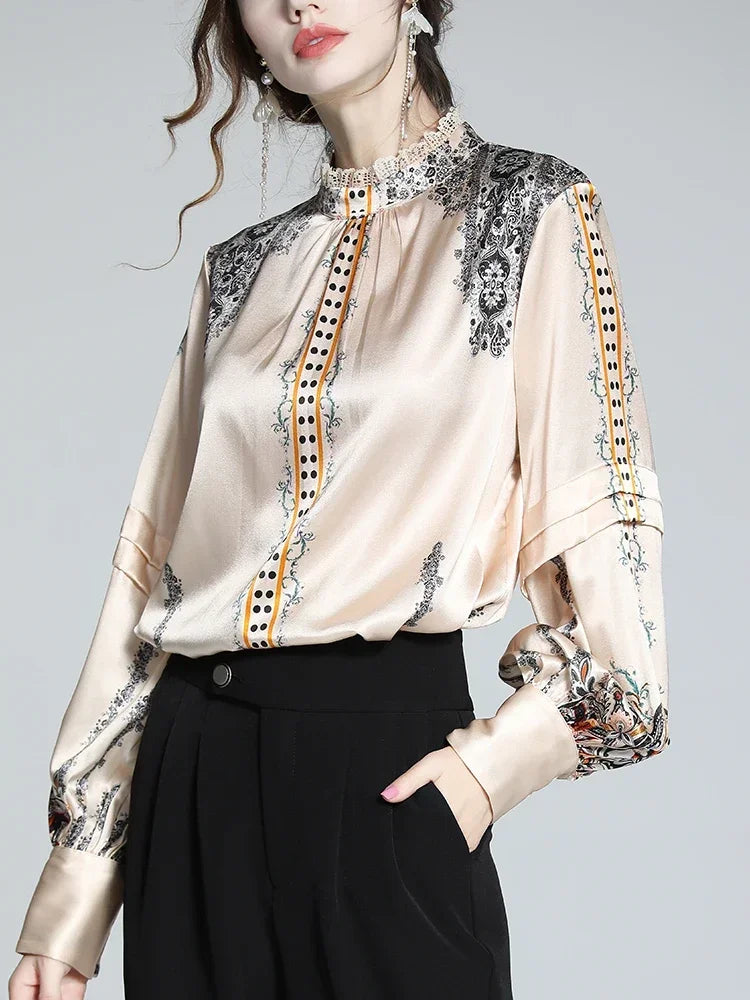 2024 New Shirt Women Spring and Autumn Design Sense French Vintage Shirt Satin Printed Top Trend Fashion Luxury