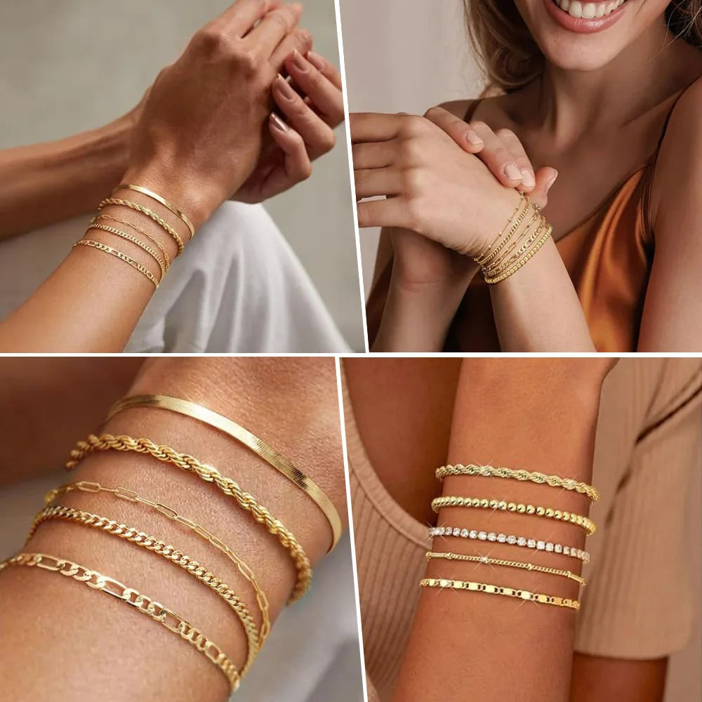 Women's Herringbone Chain Bracelet — Gold Plated Stackable Stainless Steel Jewelry