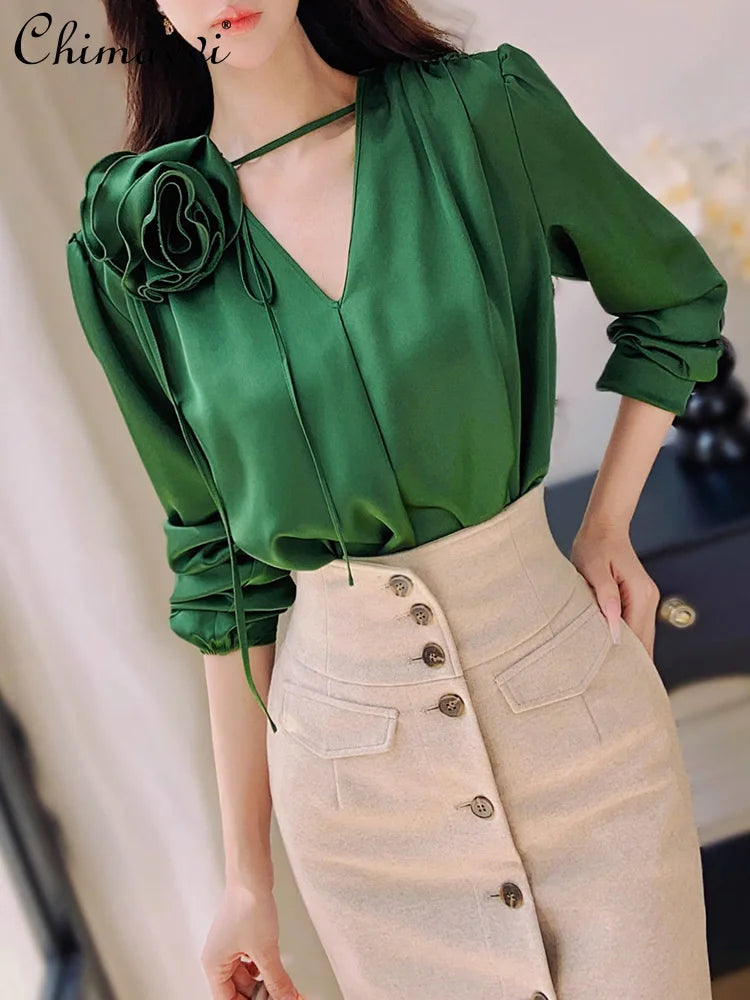 New Fashion Three-dimensional Flower Green Shirt Top Spring and Autumn Commuting Long-sleeved Loose Elegant Blouse Women Blusas