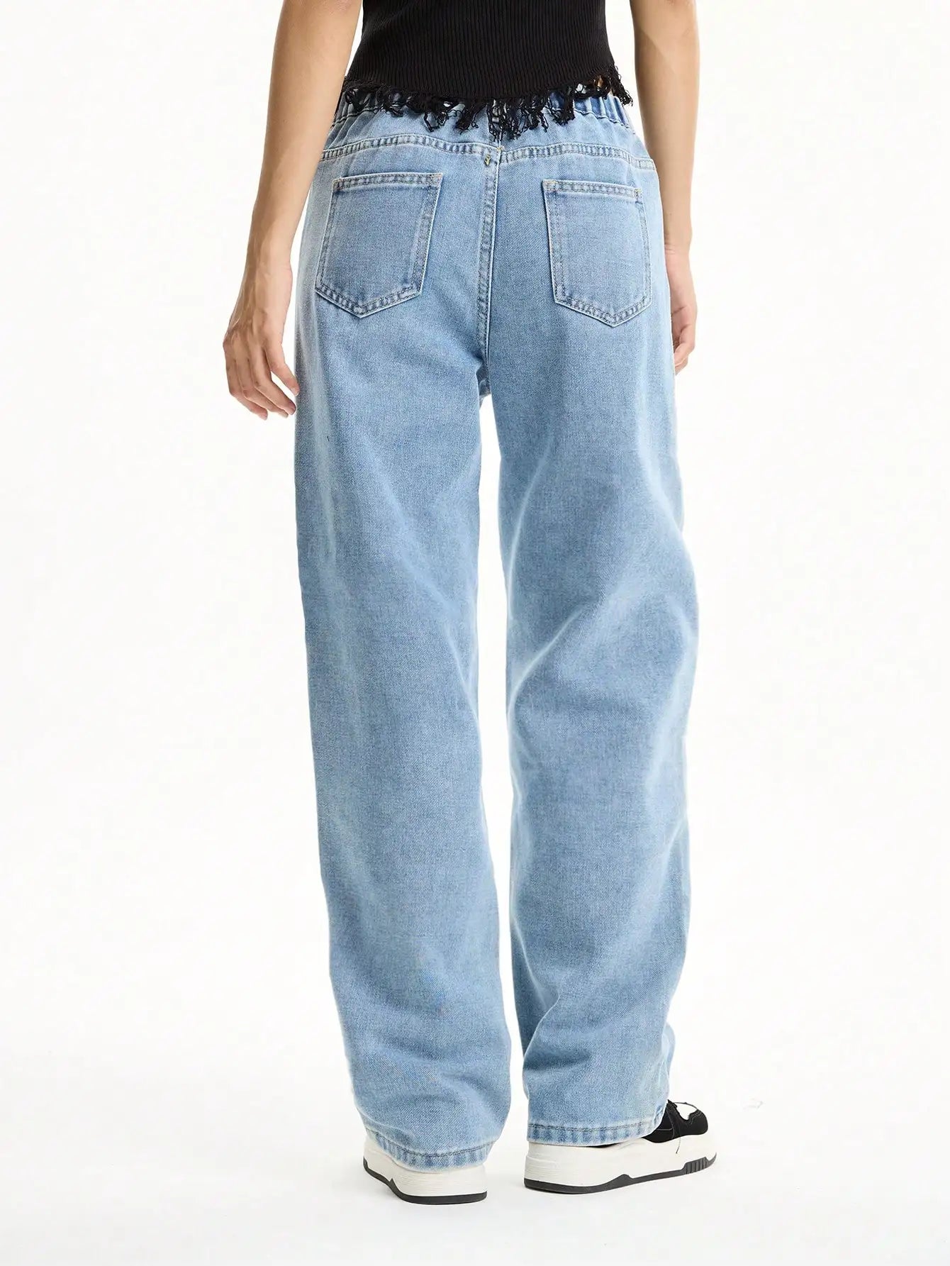 Girls' Light Blue Floral Embroidered Straight-Leg Jeans — Loose Wide-Leg Denim — detail view