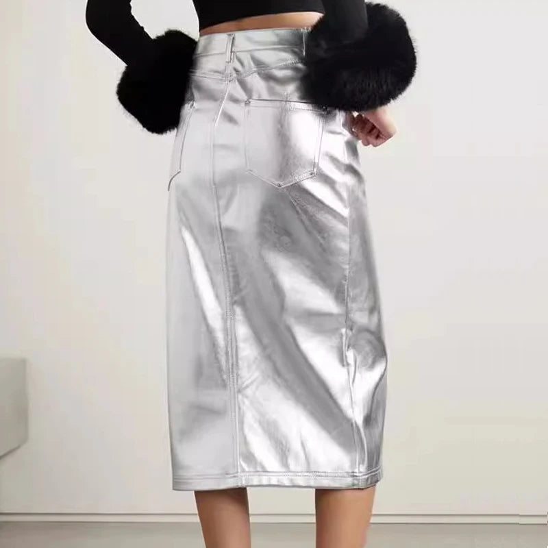 Saia de Couro Feminina Top Quality Women Gnuine Leather Silver Skirt Female Metallic Slim Fit Casual Wrap Jupe Front Split Jupe