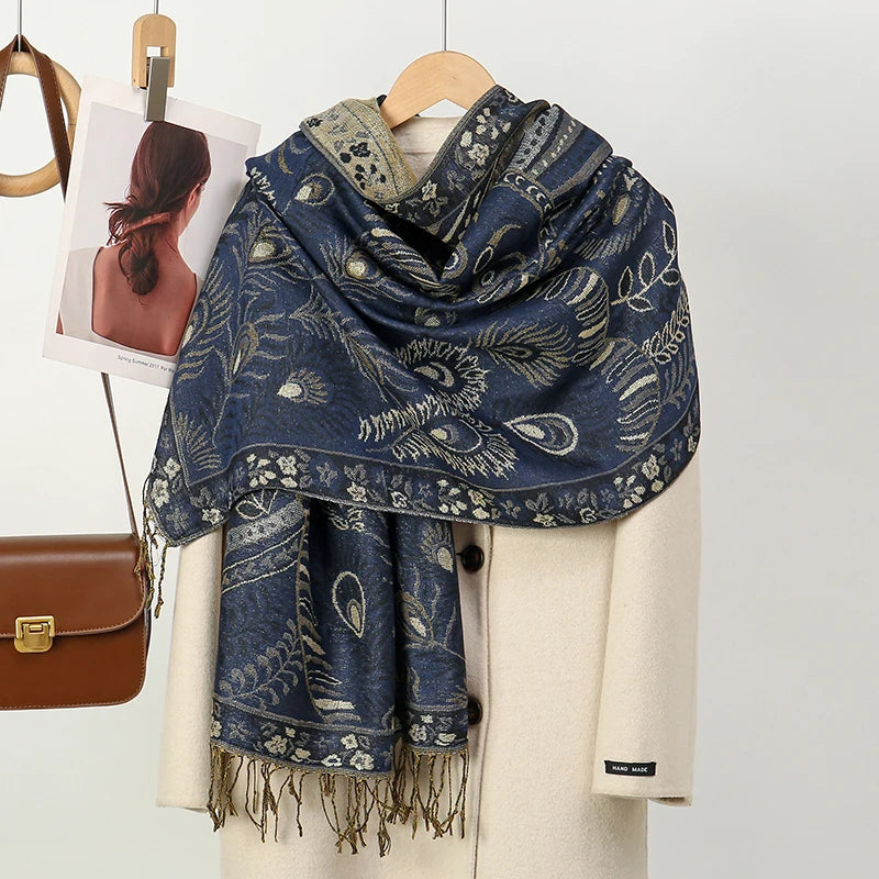 Cashmere-Feel Paisley Scarf Luxury-inspired — Tassel Hijab Pashmina Shawl Wrap, Blue Palette — view 8 of scarves & wraps