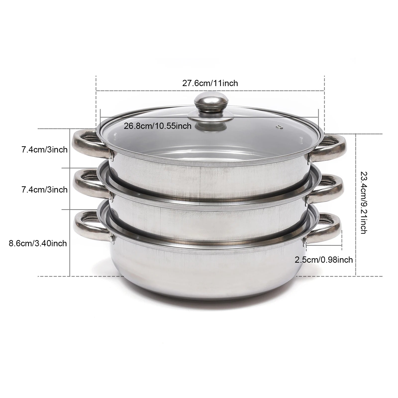 3-Tier 28cm Stainless Steel Steamer Pot Multi-Function Cooking Vegetable Seafood Dim-Sum Steamer wit