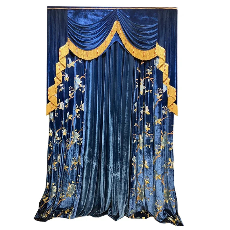 Royal Blue Velvet Bird Embroidery Curtains – Thick Shading Flocking Drapes for Living Room & Bedroom