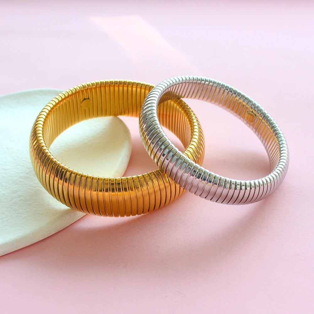 Women's 304L Steel Elastic Bracelet — 18K Gold Plated Chunky Punk Bangle Jewelry — view 4 of jewelry