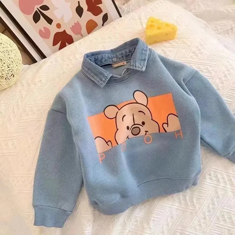 Winnie the Pooh Baby Boys Girls Long Sleeve Sweatshirt 2024 Autumn Children Clothing Cartoon Loose Lapel Pullover Base Shirt Top