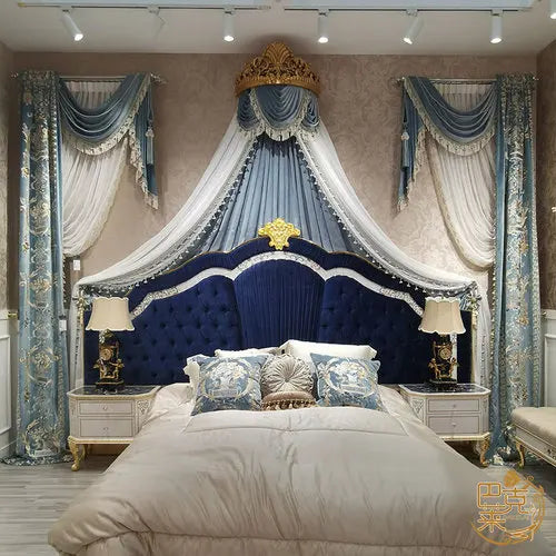 Custom European Palace Velvet Embroidered Curtains – Luxury Bed Valance & Tulle Drapes