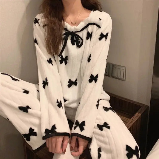 Bow Sleepwear Square Collar Women Pajamas Set Fleece Winter 2 Piece Pant Home Suit Warm Night Wear