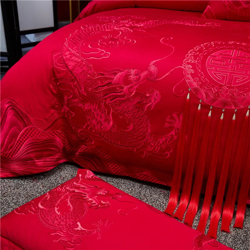 Loong Phoenix Embroidered Satin Bedding Set – Luxury Chinese Wedding Red Cotton Duvet Cover & Bed Sheet