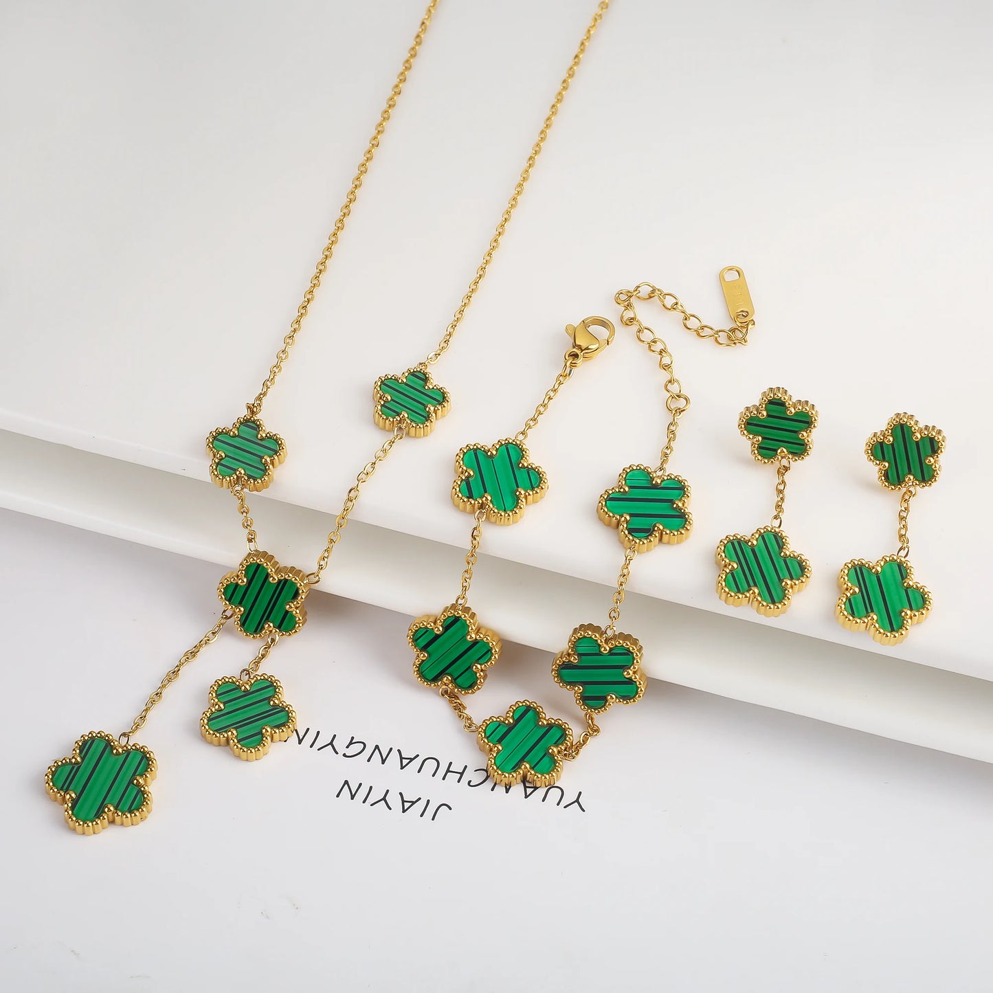 3-Piece 18K Gold-Plated Five-Leaf Flower Jewelry Set Necklace Earrings & Bracelet Clover Pendant Set