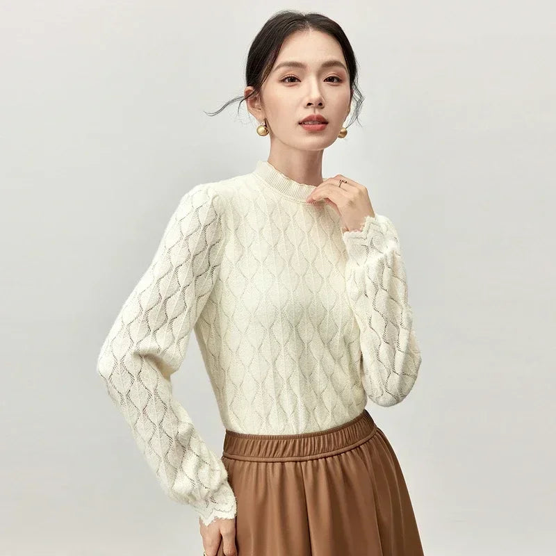 SENTUBILA Elegant Patchwork Lace Blouse for Women 2024 Winter Straight Hollow Out Ruffled Neck Solid Knit Tops Female 144S55866