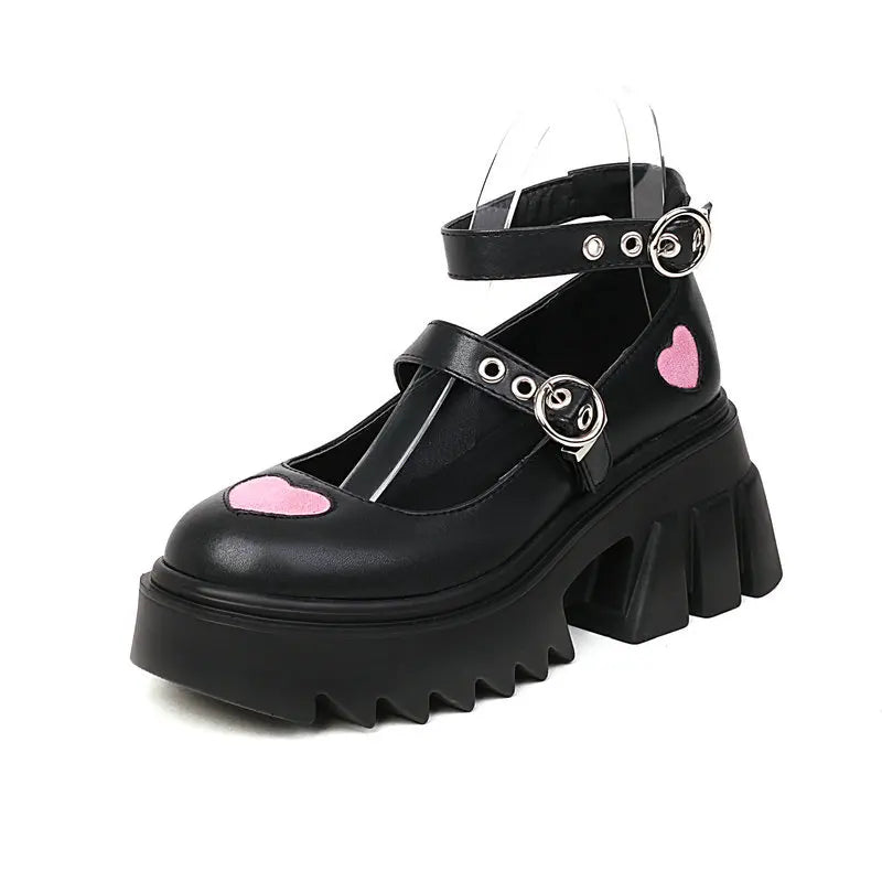 Princess Lolita Platform Mary Jane Girls Party Shoes Ankle Strap Sweet Metal Buckle Thick Sole Wedge Black Women Heel Pumps