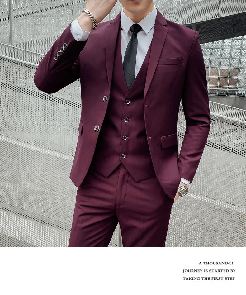 Suit (Blazer+ Vest + Pants) Men's Business Gentleman Fashion Slim Work Solid Color Plus Size Fair Dress Wedding Best Man Suit