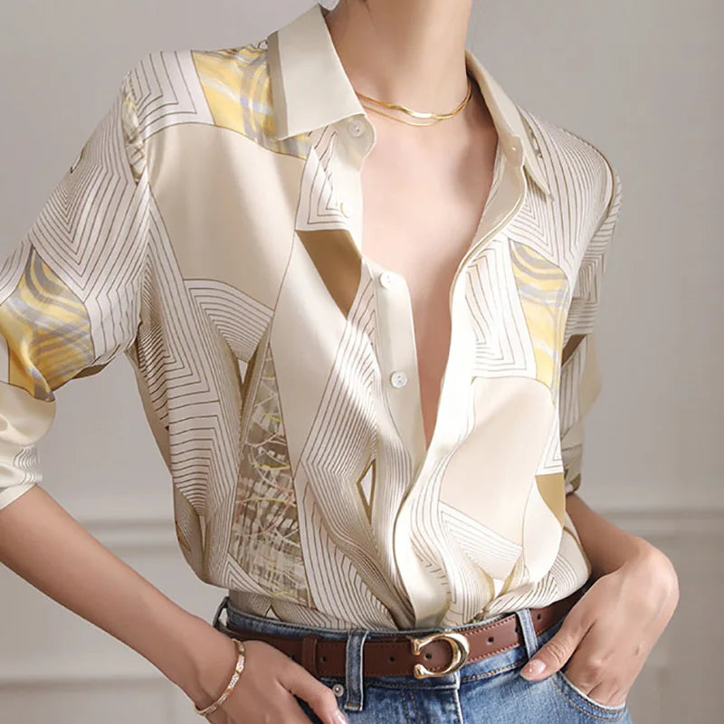 EVNISI Autumn Winter Women Stripe Print Casual Shirt Polo Collar Blouse Button Up For Women Pullover Loose Office Tops 2023