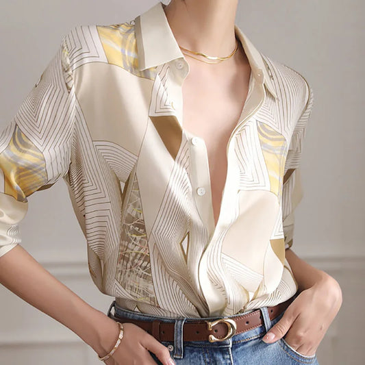 EVNISI Autumn Winter Women Stripe Print Casual Shirt Polo Collar Blouse Button Up For Women Pullover Loose Office Tops 2023