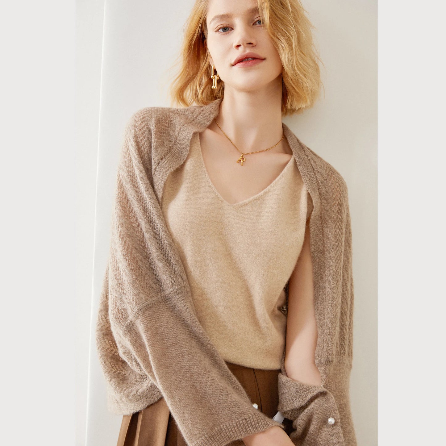 100% Cashmere Cardigan Wrap — Dual-Purpose Sweater Scarf Pearl Cape Soft Knit Shawl — view 3 of scarves & wraps