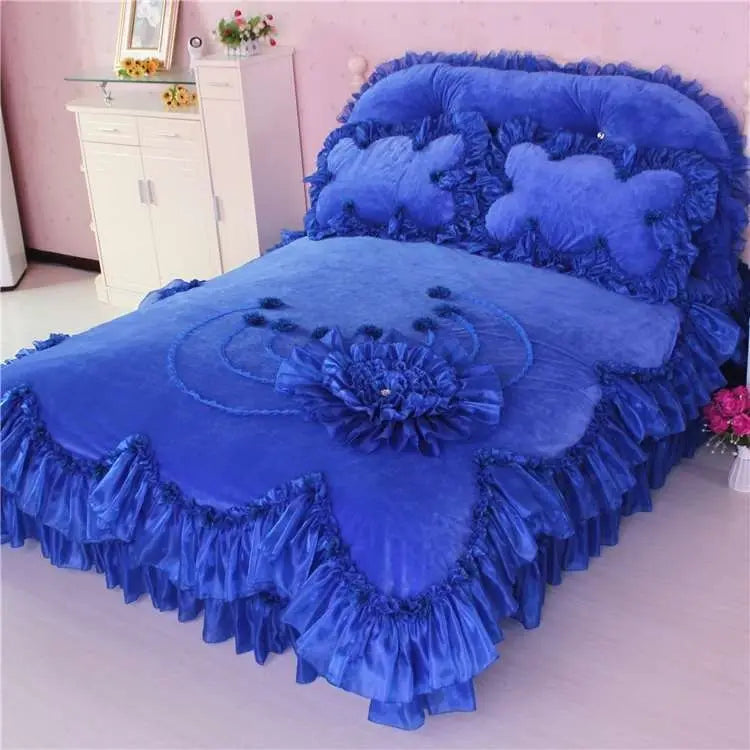 Winter Coral Fleece 4pcs Set Lace Princess Wind Pastoral Padded Plush Bed Skirt Double-sided Fleece Quilt Cover Bedding Sets