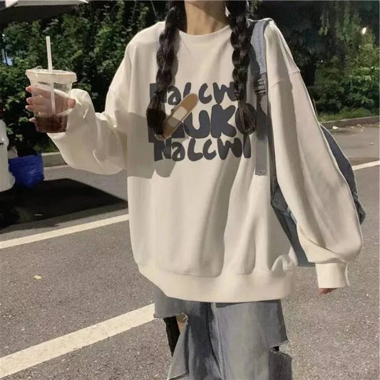 Y2K Cartoon Printing Hooded Women Vintage Simple All Match O Neck Long Sleeve Sweatshirts Autumn Spring Casual Loose Tee Tops