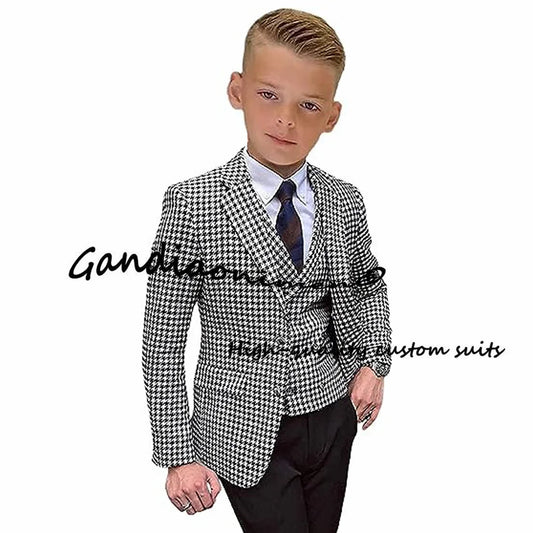 Boys Suits Houndstooth Tweed 3 Piece Slim Fit Suit for Kids Formal Ring Bearer Outfit