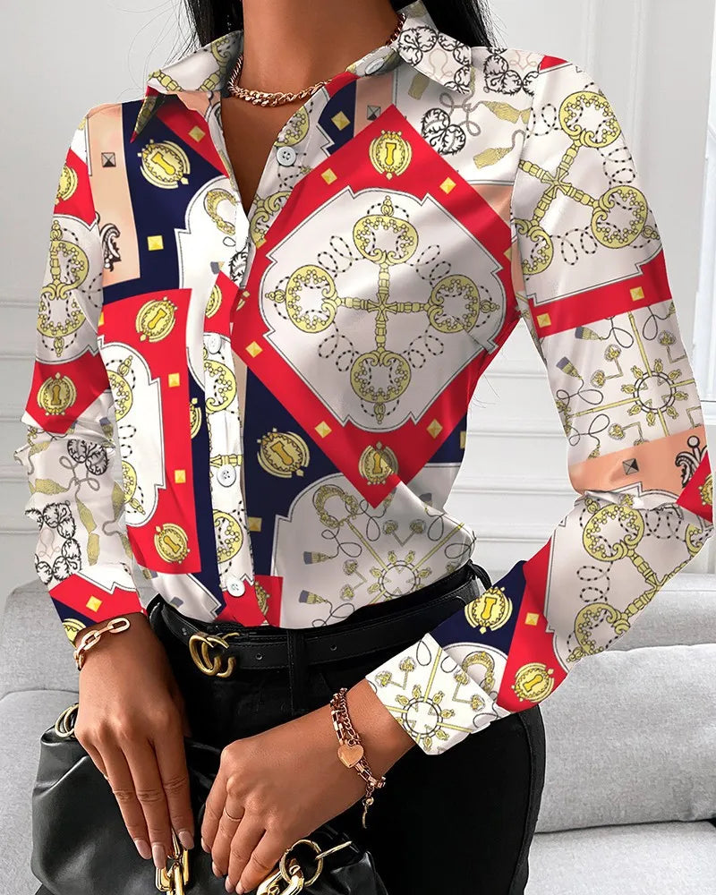 Women casual office printed shirt spring and autumn fashionable button up long sleeved shirt elegant splicing slim fit top women