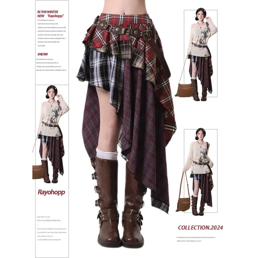 Vintage Plaid Asymmetric High-Waist Skirt — Preppy Academia Statement — color detail