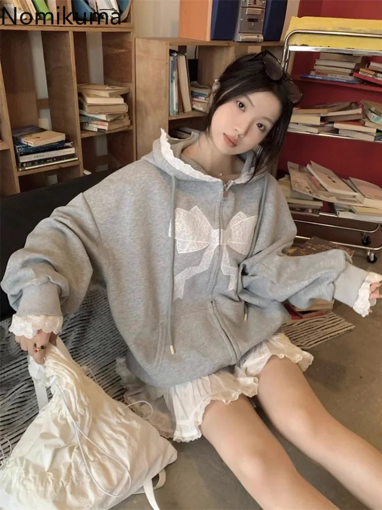 Gray Fashion Hoodie Women's Clothing Embroidery Bow Hooded Zipper Hooded Jackets Streetwear Casual Y2k Sweatshirts Ropa Mujer