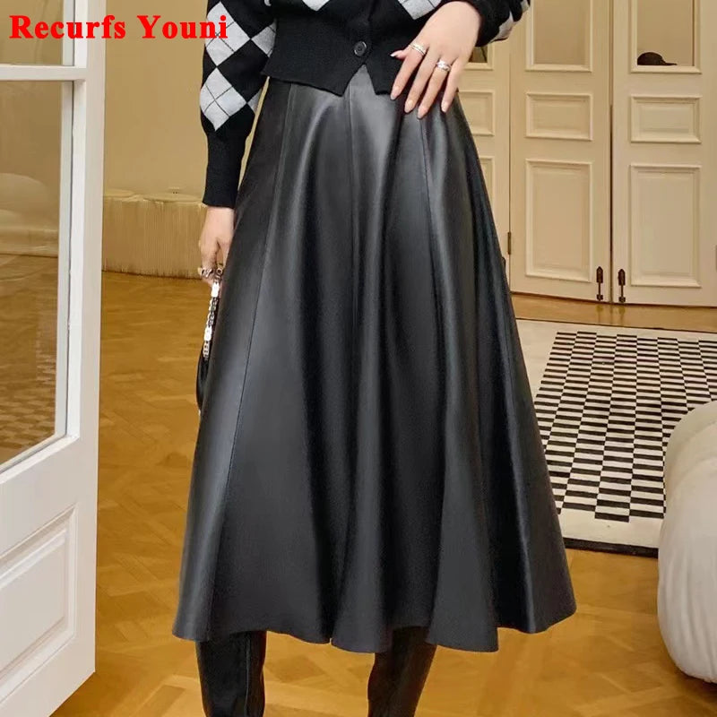 Genuine Leather Skirts For Women 2023 Europe Street Top Layer Sheepskin Pleated Faldas Mujer Long Umbrella Super Large Hem Jupe