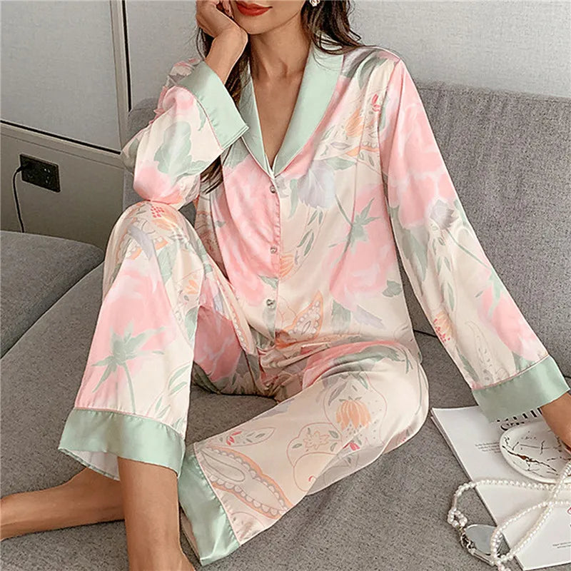 Pajamas Set for Women Luxurious Sweet Satin Pyjamas Woman Long Sleeve Shirt Long Pants Home Wear Ladies