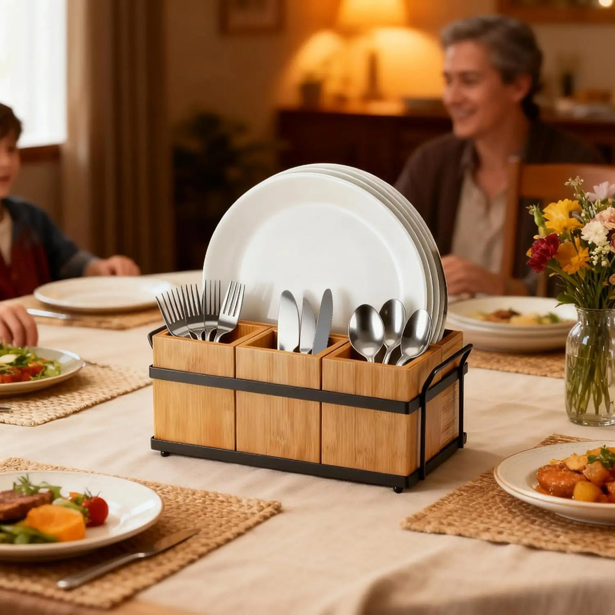 Wood Kitchen Utensil Holder with Metal Tray, Spoon & Fork Storage — product photo 5