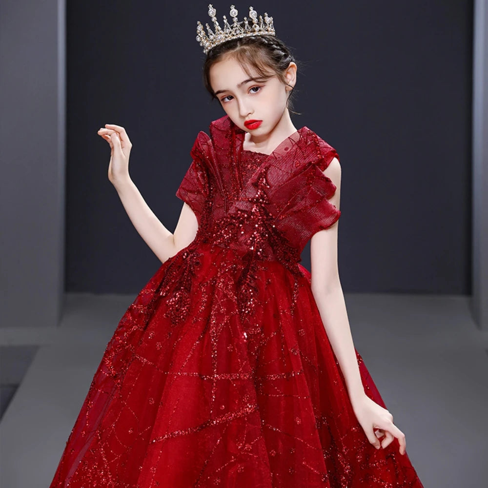 Fashion Red Sleeveless Backless Ball Gown Long With Train Violin Performance Exquisite Sparkly Sequins Evening Dress For Girls