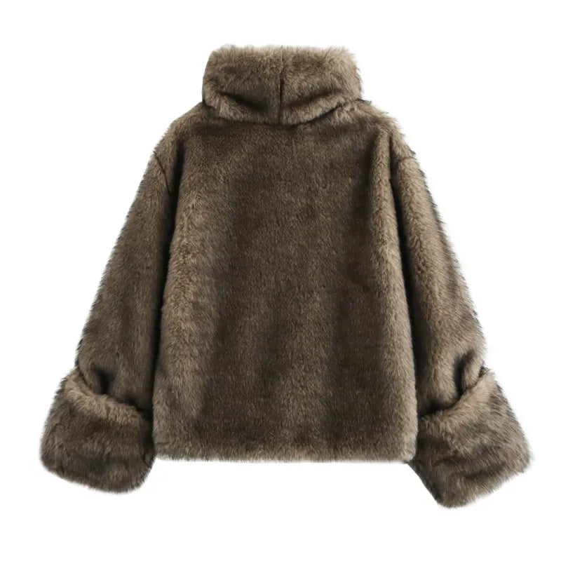 TRAF Women Artificial effect fur hoodie Autumn Soft sweater Casual Loose Vintage Pullovers Top Pocket Coats Female Outerwear