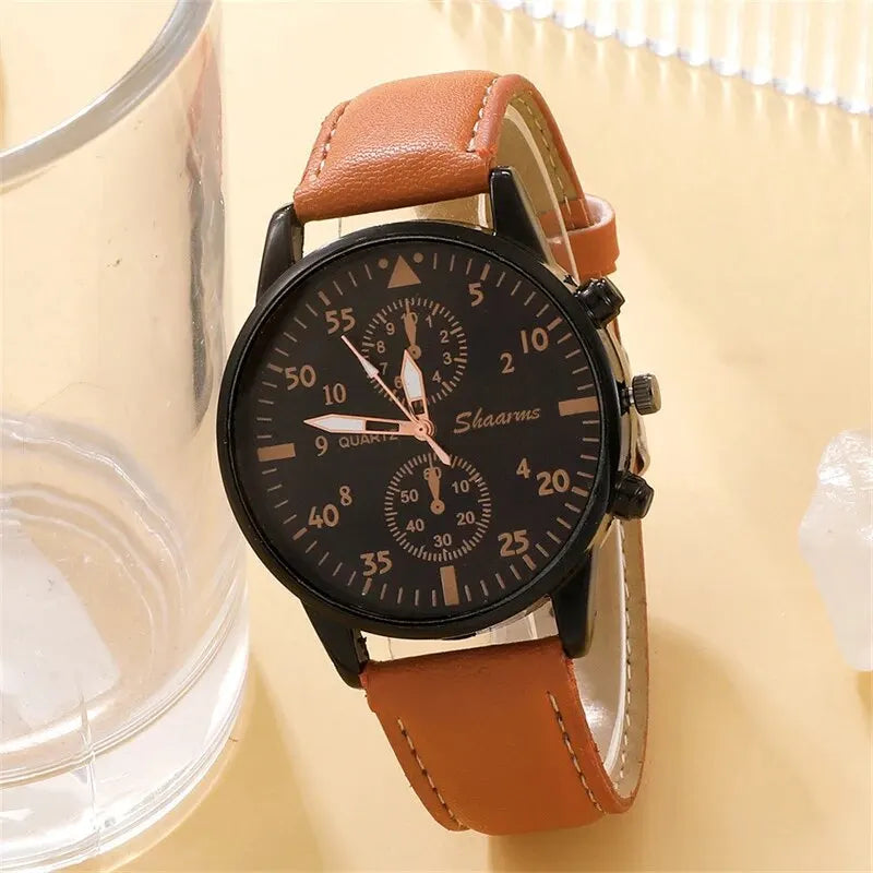 Men's Luxury Watch & Bracelet Gift Set — Fashion Business Brown Leather Quartz Wristwatch — view 4 of watches
