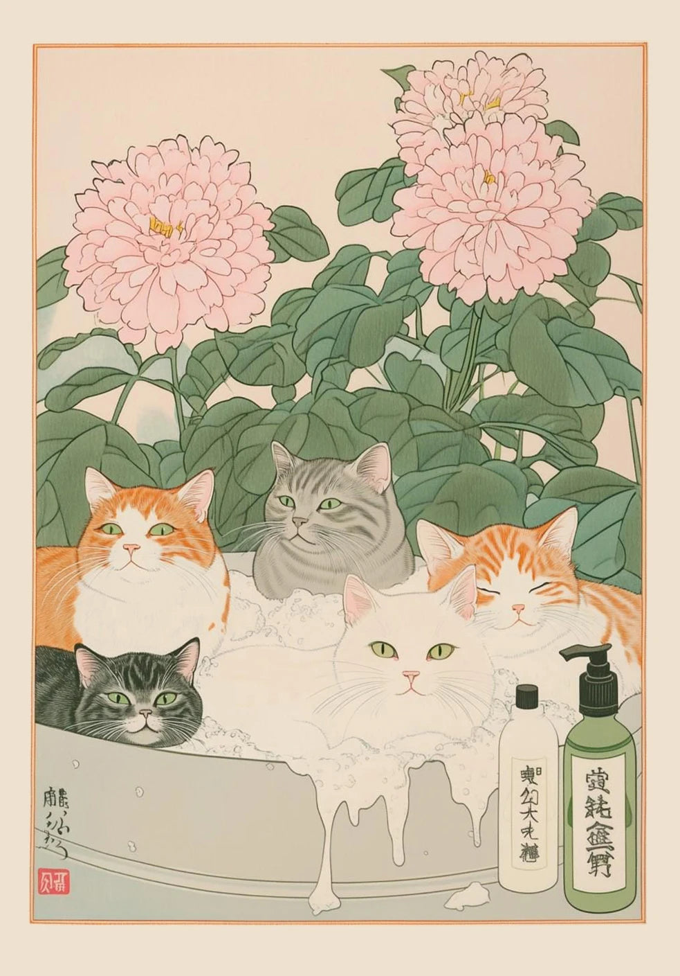 Japanese Tabby Cat in Bathtub Canvas Poster &mdash; Retro Japandi Wall Art for Bathroom &amp; Home — view 8 of wall art & prints