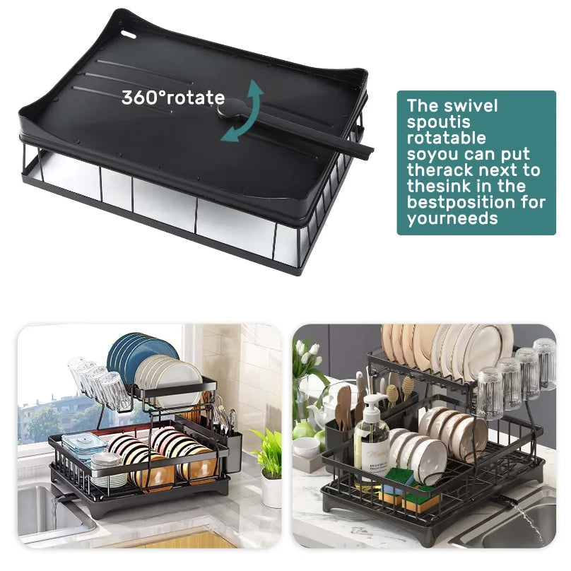 Large 2-tier dish drying rack for kitchen countertops, removable large-capacity dish draining rack — view 6 of product