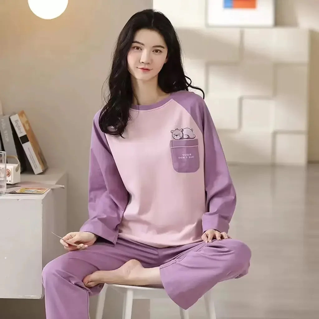 M-5XL Big Size Autumn Spring Pajamas Set for Women Kawaii Printing Sleepwear for Girl Fashion