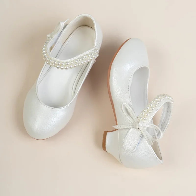 Girls High Heel Shoes For Kids Pearl Teen Crystal Party Princess Shoes Child Wedding Formal Leather Sandals Girls Footwear Party