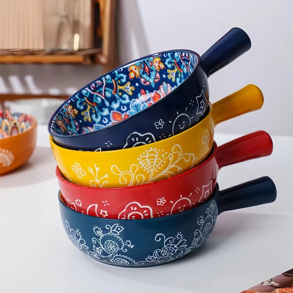 Bohemian Hand-Painted Ceramic Salad Bowl — Embossed Patterned Bakeware with Handle — view 6 of dining & tableware