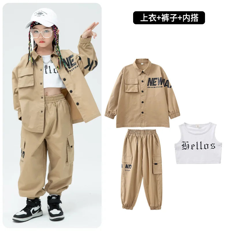 Kid Kpop Hip Hop Clothing Khaki Shirt Jacket Casual Streetwear Cargo Jogger Pants for Girl Boy Jazz Dance Costume Clothes Set