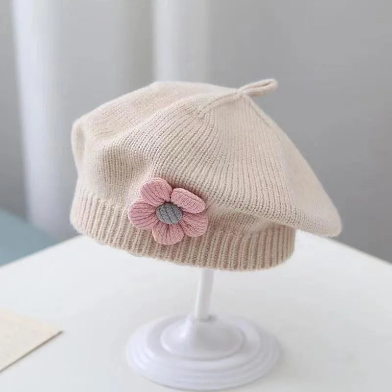 Flower Baby Beret Hat - Knitted Painter Cap for Infant Girls, Cute Toddler Princess Beret