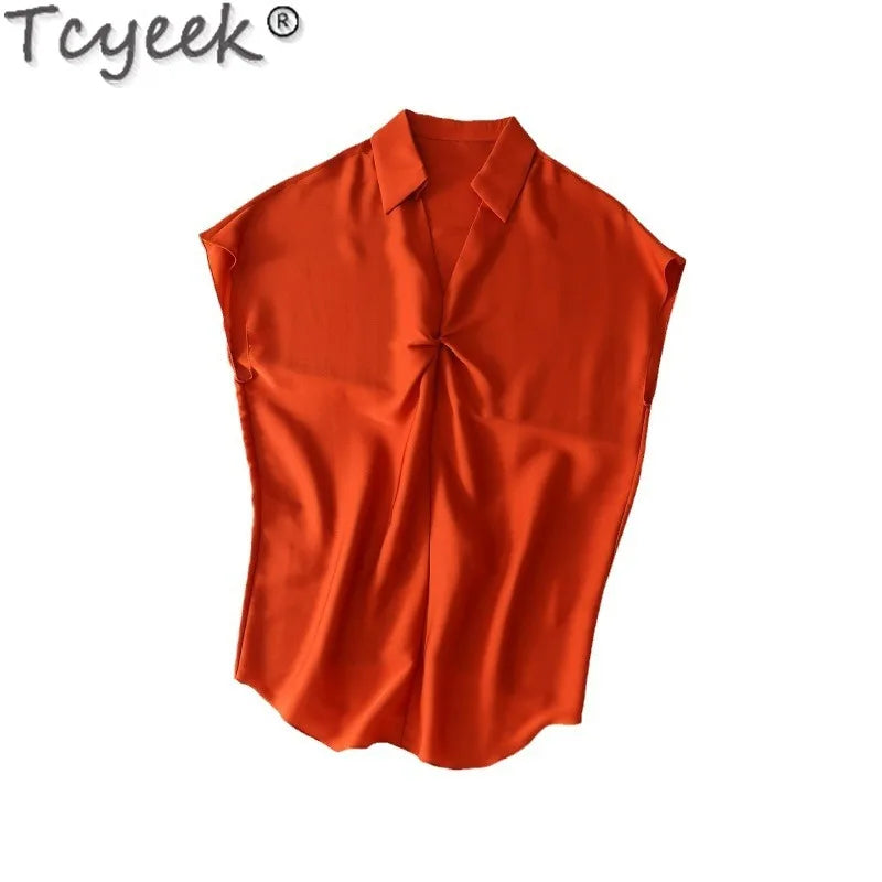 Tcyeek 93% Mulberry Silk Blouse for Women 2024 Thin Style Womens Tops Summer Clothes 7 Colors Sleeveless Top Blusas De Mujer