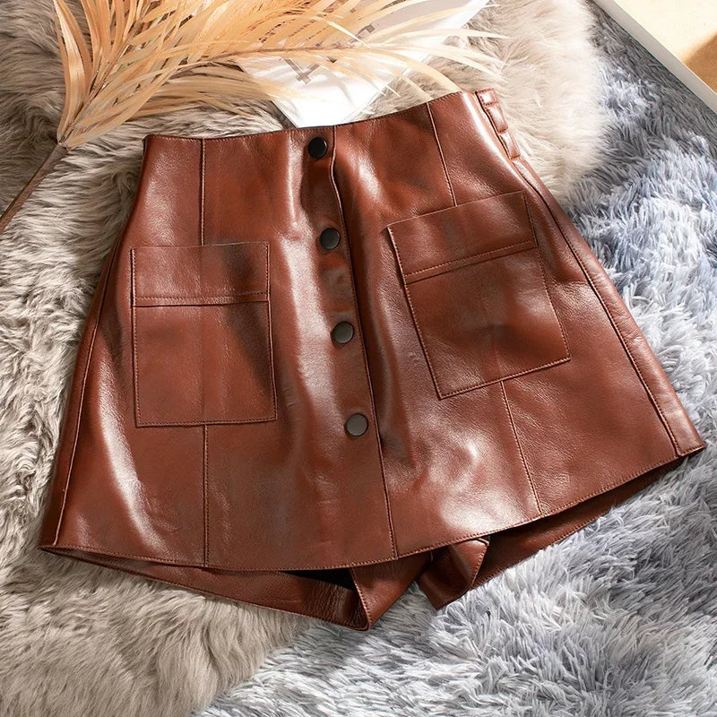 Genuine Leather Shorts Women 2024 Real Sheepskin Short Pants for Women High Waist Shorts Women Leopard Print Flare Short Femmes
