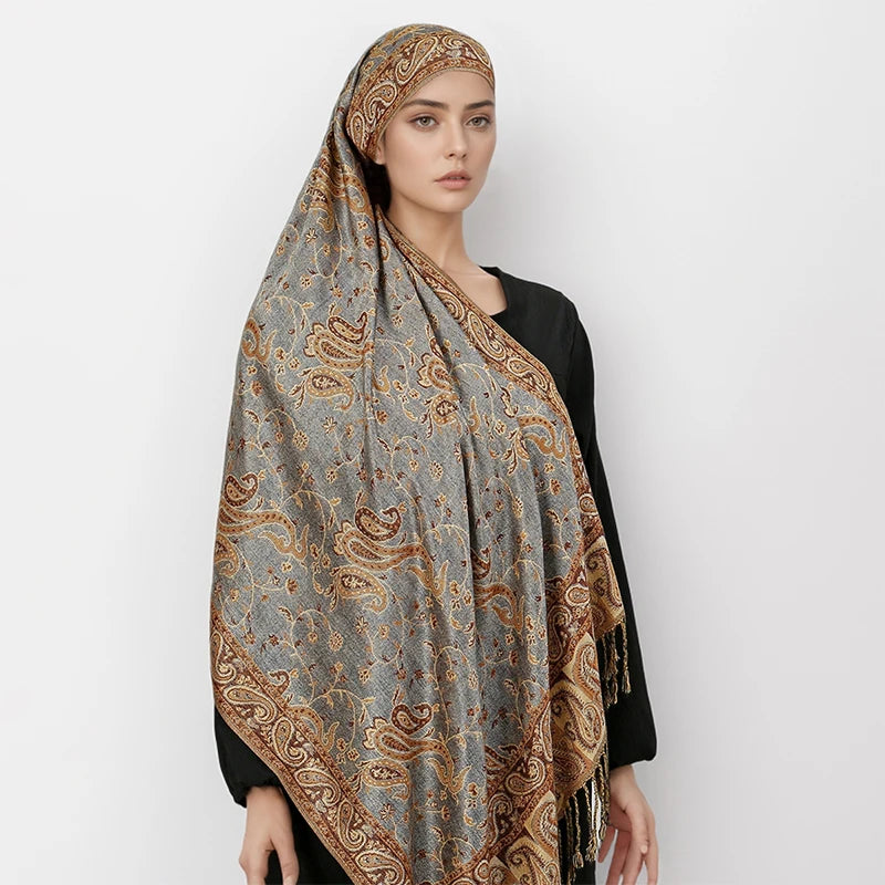 Pashmina Scarf European Bohemia Paisley Jacquard — Museum-Piece Cashmere Shawl Wrap 70×190cm — view 19 of scarves & wraps