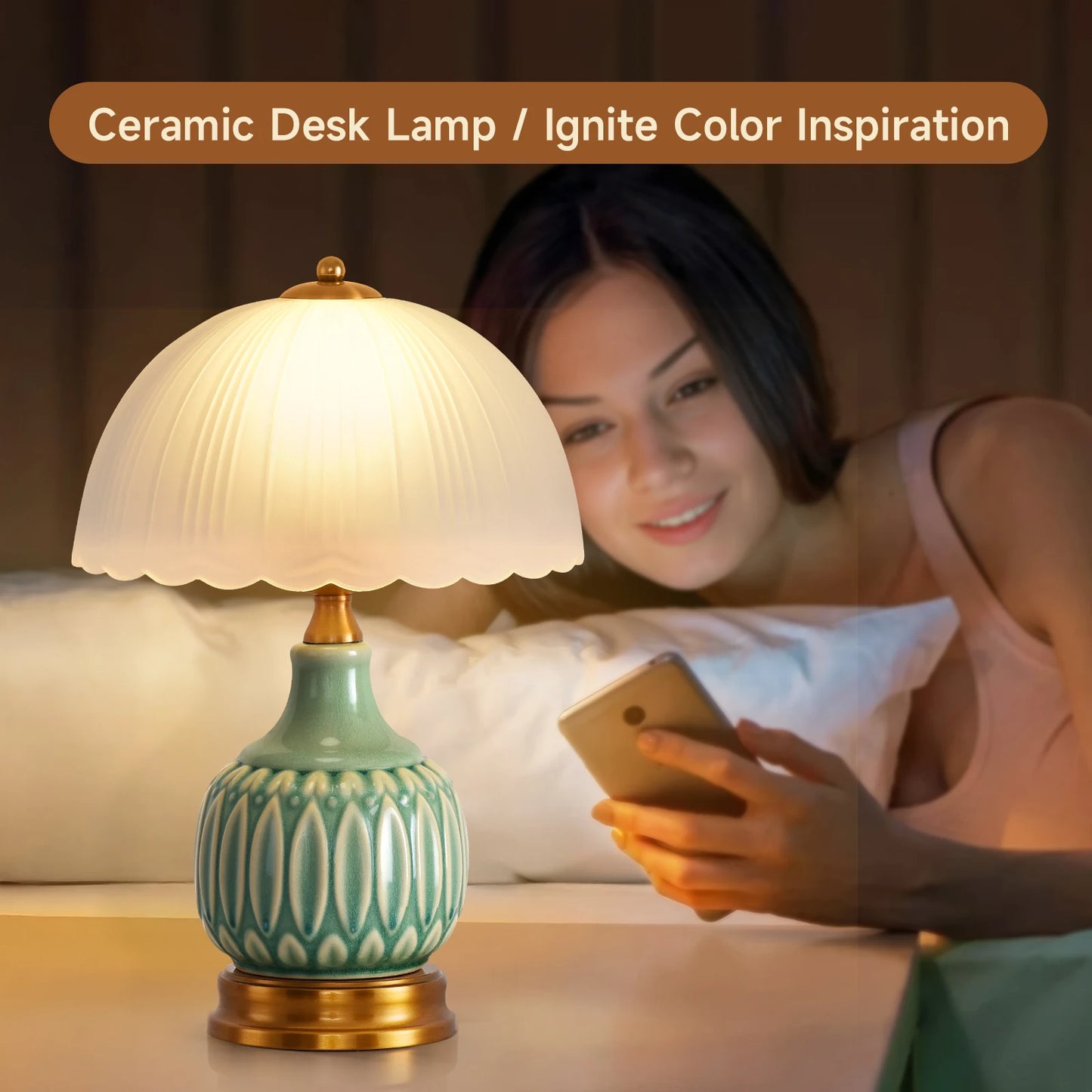 Vintage Ceramic Table Lamp &mdash; 16 in Modern Retro Bedside Nightstand Lamp for Living Room — view 5 of lighting