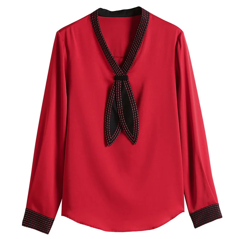 Spring Autumn Women Red Shirt Elegant Fashion Bow V-neck Long Sleeve Shirts Real Silk Blouses Female Loose Blouse Solid Tops