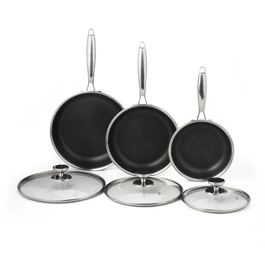 3-Piece HexClad Hybrid Cookware Set with Lids – Stainless Steel Non-Stick Wok & Kitchenware