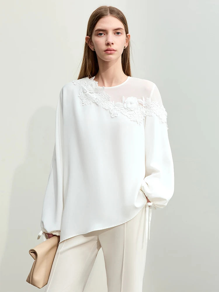 Amii Minimalism 2024 Women Blouse Spring New Elegant Lace Pearl Reveal Shoulder Strap Long-sleeved Chiffon Shirt Female 12441064