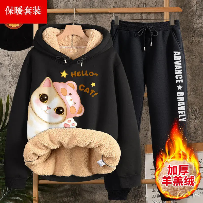 Hoodies Women Autumn Winter New High School Students Thick Lamb Velvet Suit Two-piece Sweatshirt Pants Harajuku Clothes Femme